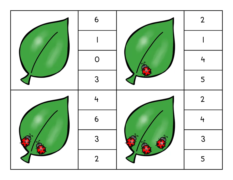 Clip cards 0–3: leaves with zero, one, two and three ladybugs, each beside four number choices to clip