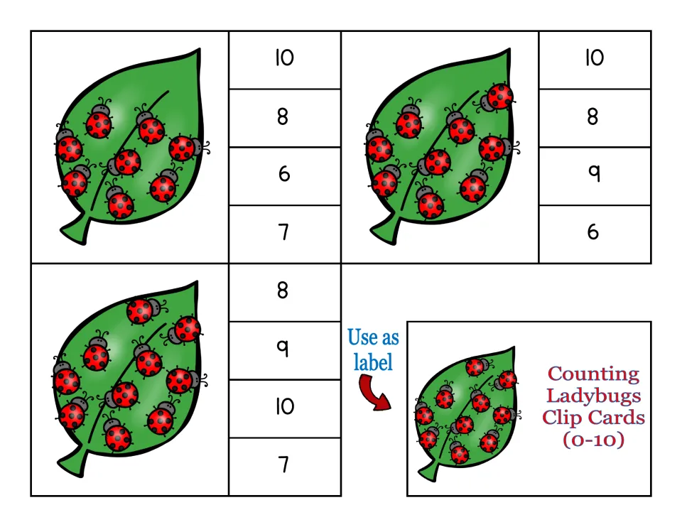 Clip cards 8–10 with eight, nine and ten ladybugs on leaves, plus the title card to use as a storage box label