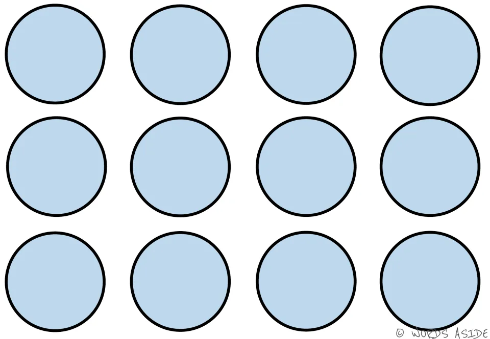 Skip-counting mat 2: 12 blank light blue circles for counting practice in a math center or small group.