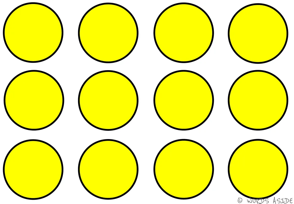 Skip-counting mat 3: 12 blank yellow circles for counting practice in a math center or small group.