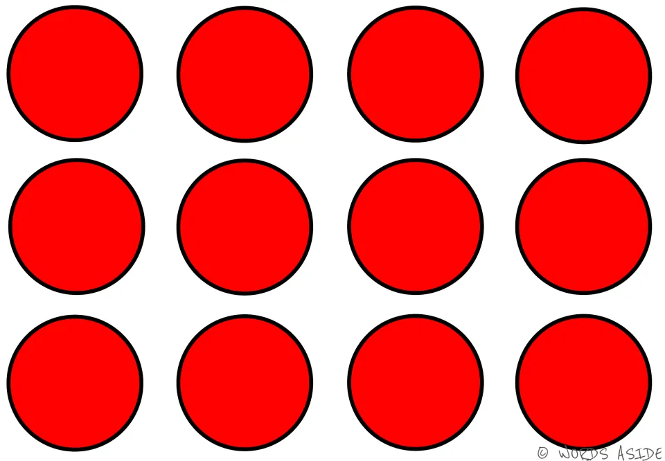 Skip-counting mat 6: 12 blank red circles for counting practice in a math center or small group.