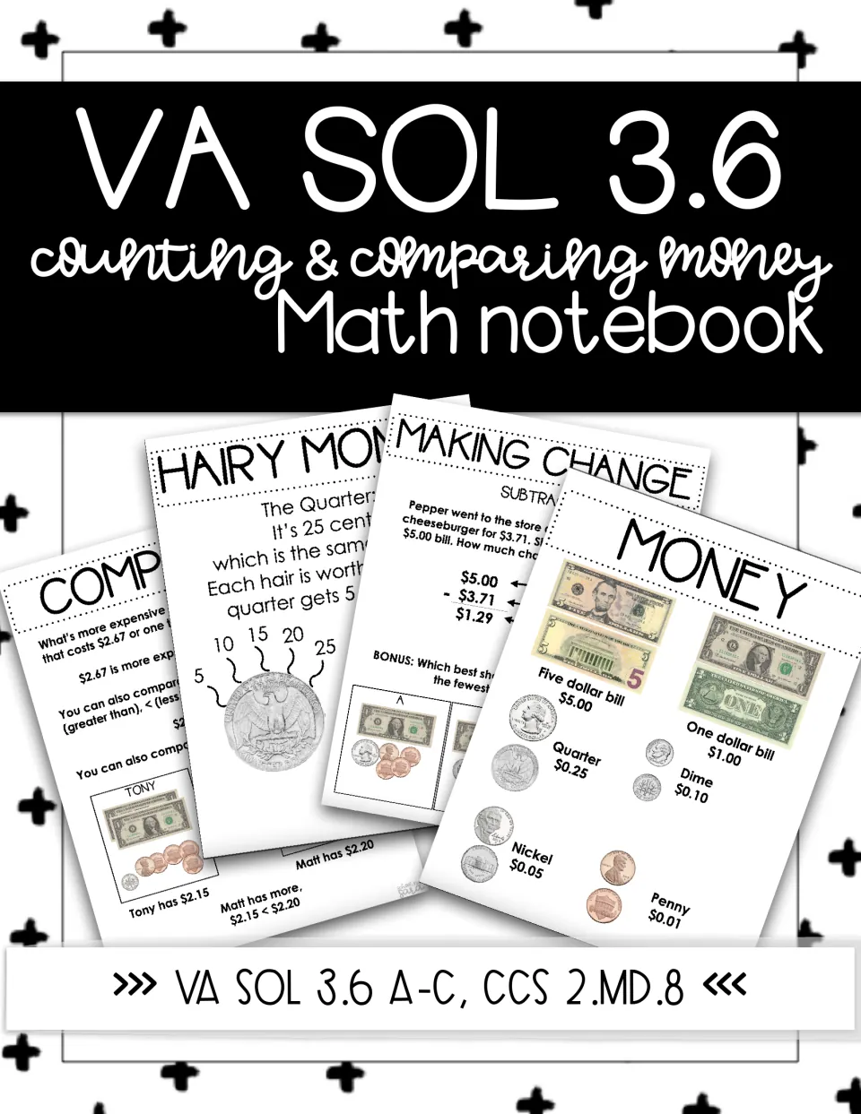 VA SOL 3.6 counting and comparing money math notebook cover showing Money, Hairy Money and Making Change pages