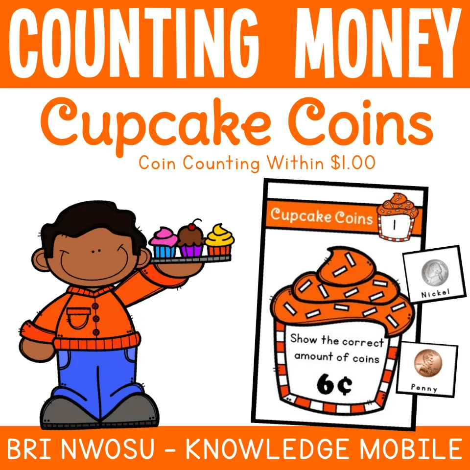 Counting Money Cupcake Coins cover: coin counting within $1.00, showing a 6¢ task card with nickel and penny coins