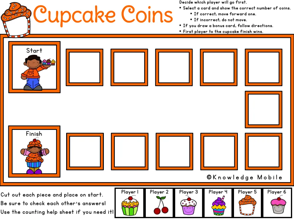 Color Cupcake Coins game board from Start to Finish with rules, plus Player 1–6 pieces to cut out