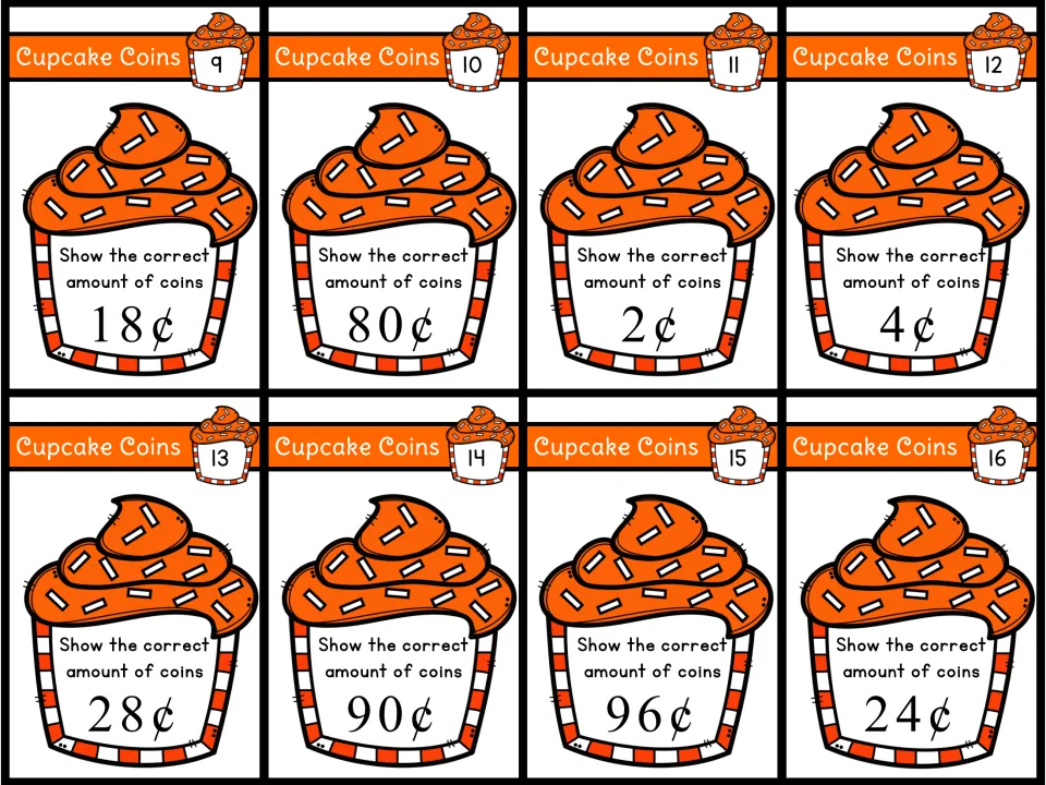 Task cards 9–16, show the correct amount of coins: 18¢, 80¢, 2¢, 4¢, 28¢, 90¢, 96¢ and 24¢