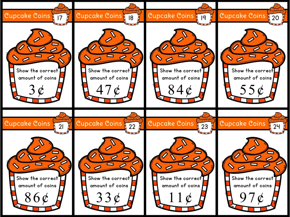 Coin-counting cards 17–24 with amounts 3¢, 47¢, 84¢, 55¢, 86¢, 33¢, 11¢ and 97¢ to show with coins