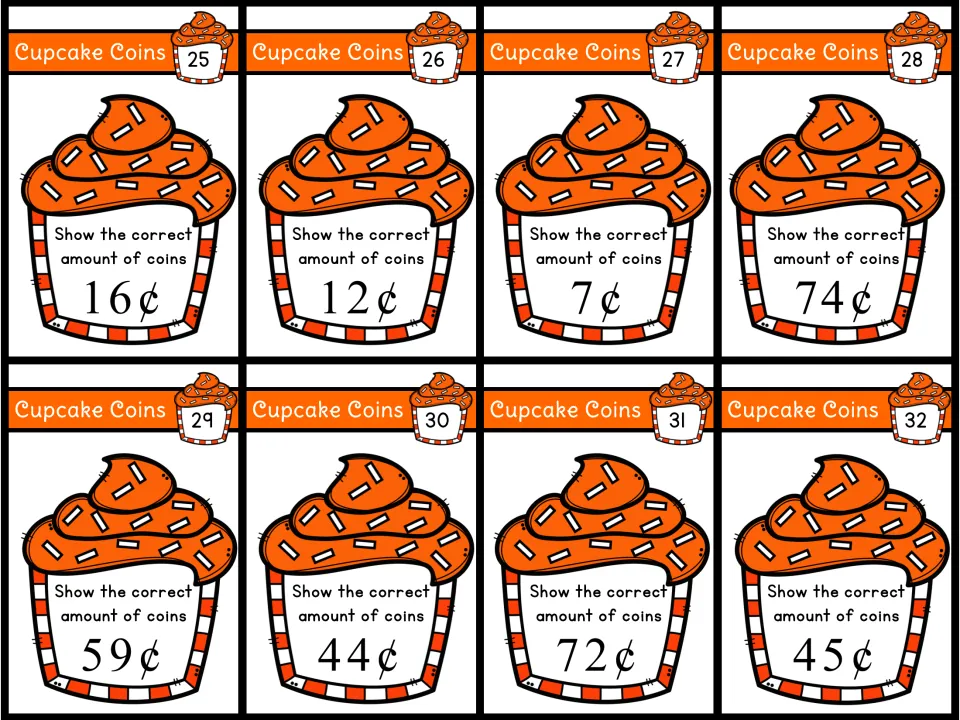 Cupcake task cards 25–32: show the correct amount of coins for 16¢, 12¢, 7¢, 74¢, 59¢, 44¢, 72¢ and 45¢