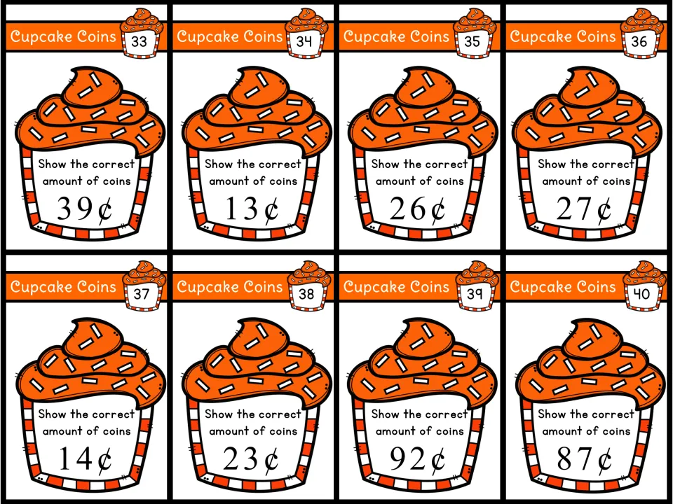 Task cards 33–40 with cent amounts to build from coins: 39¢, 13¢, 26¢, 27¢, 14¢, 23¢, 92¢ and 87¢