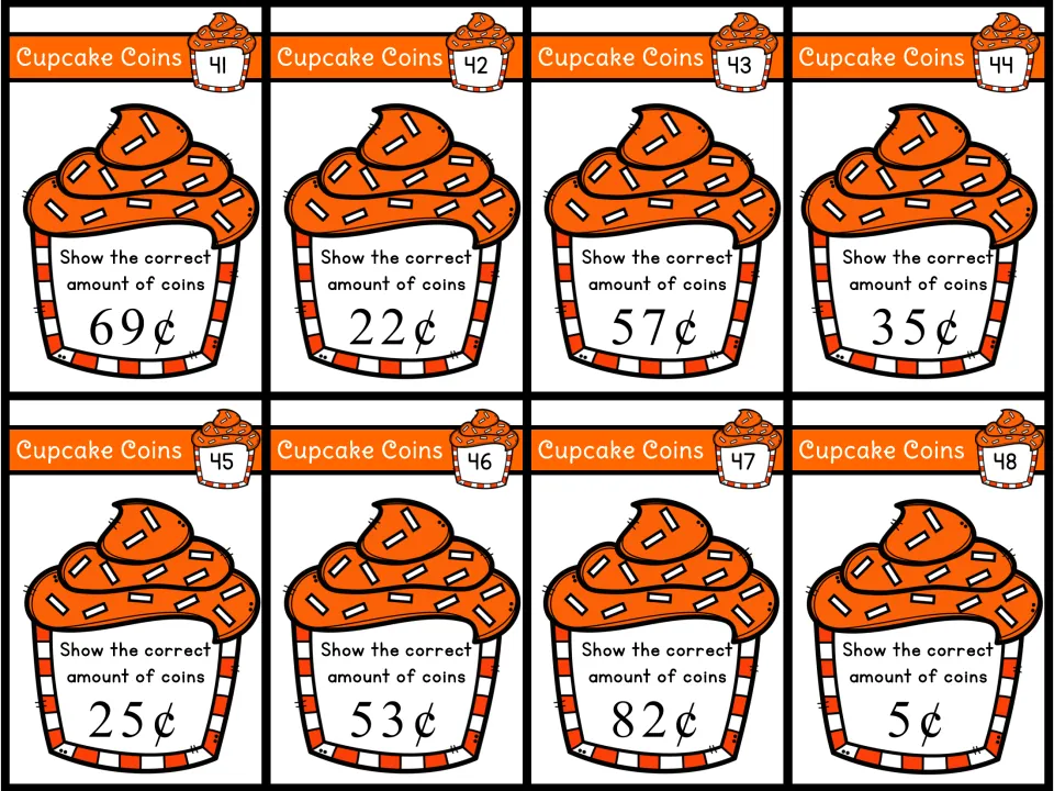 Task cards 41–48 asking for coins totaling 69¢, 22¢, 57¢, 35¢, 25¢, 53¢, 82¢ and 5¢