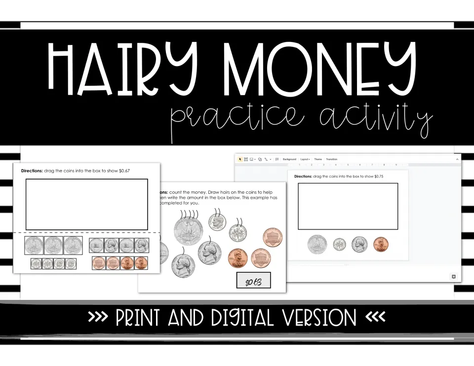 Hairy Money practice activity cover: print and digital coin-counting pages, including a $0.63 example and drag-coin task