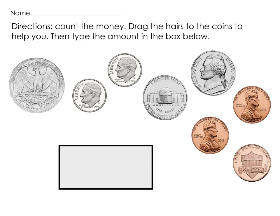 Counting mixed coins: students drag hairs onto 1 quarter, 2 dimes, 2 nickels and 3 pennies, then type the total amount