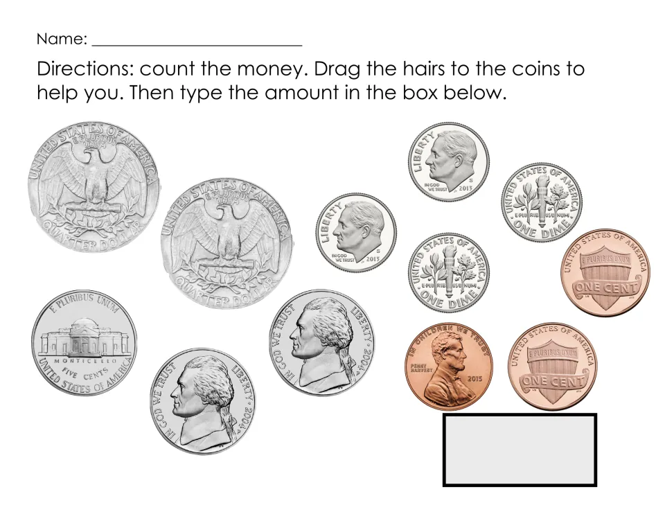 Counting mixed coins: students add up 2 quarters, 4 dimes, 3 nickels and 3 pennies using hair marks and type the total