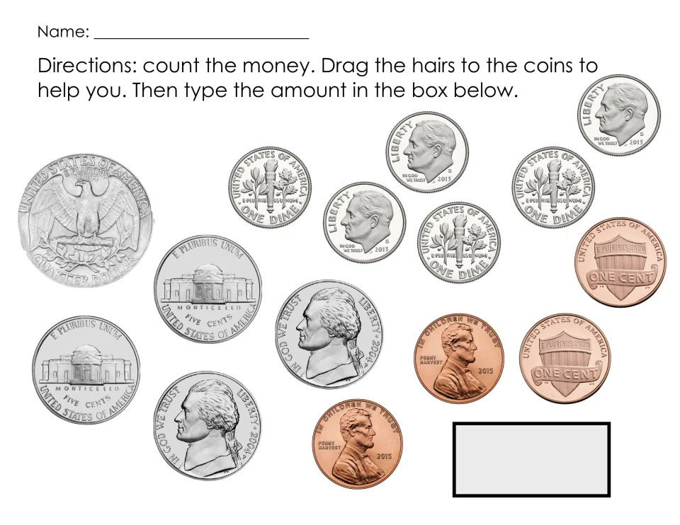 Counting mixed coins: students total 1 quarter, 6 dimes, 4 nickels and 4 pennies with hair marks, then type it