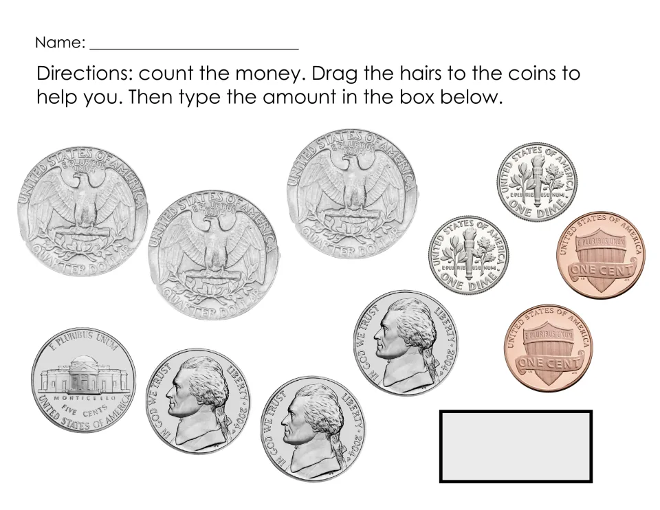 Counting mixed coins: students find the value of 3 quarters, 2 dimes, 4 nickels and 2 pennies and type the amount