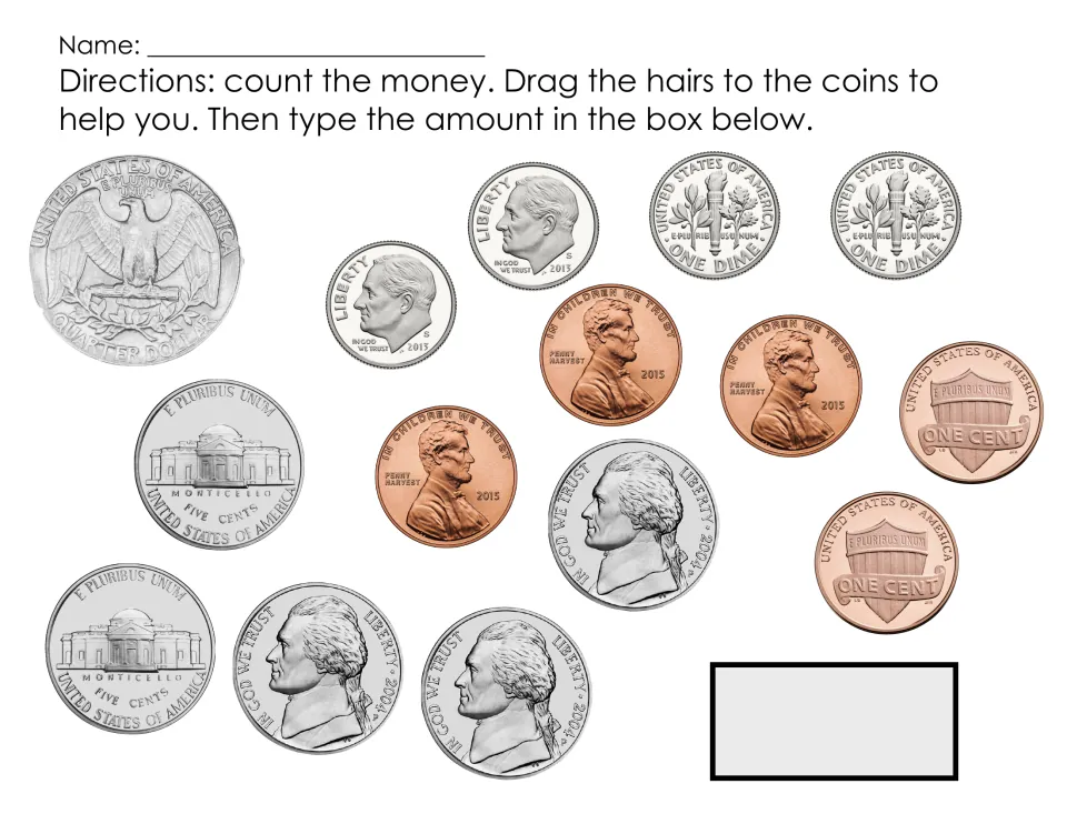Counting mixed coins: students count 1 quarter, 4 dimes, 5 nickels and 5 pennies with hair marks and type the value