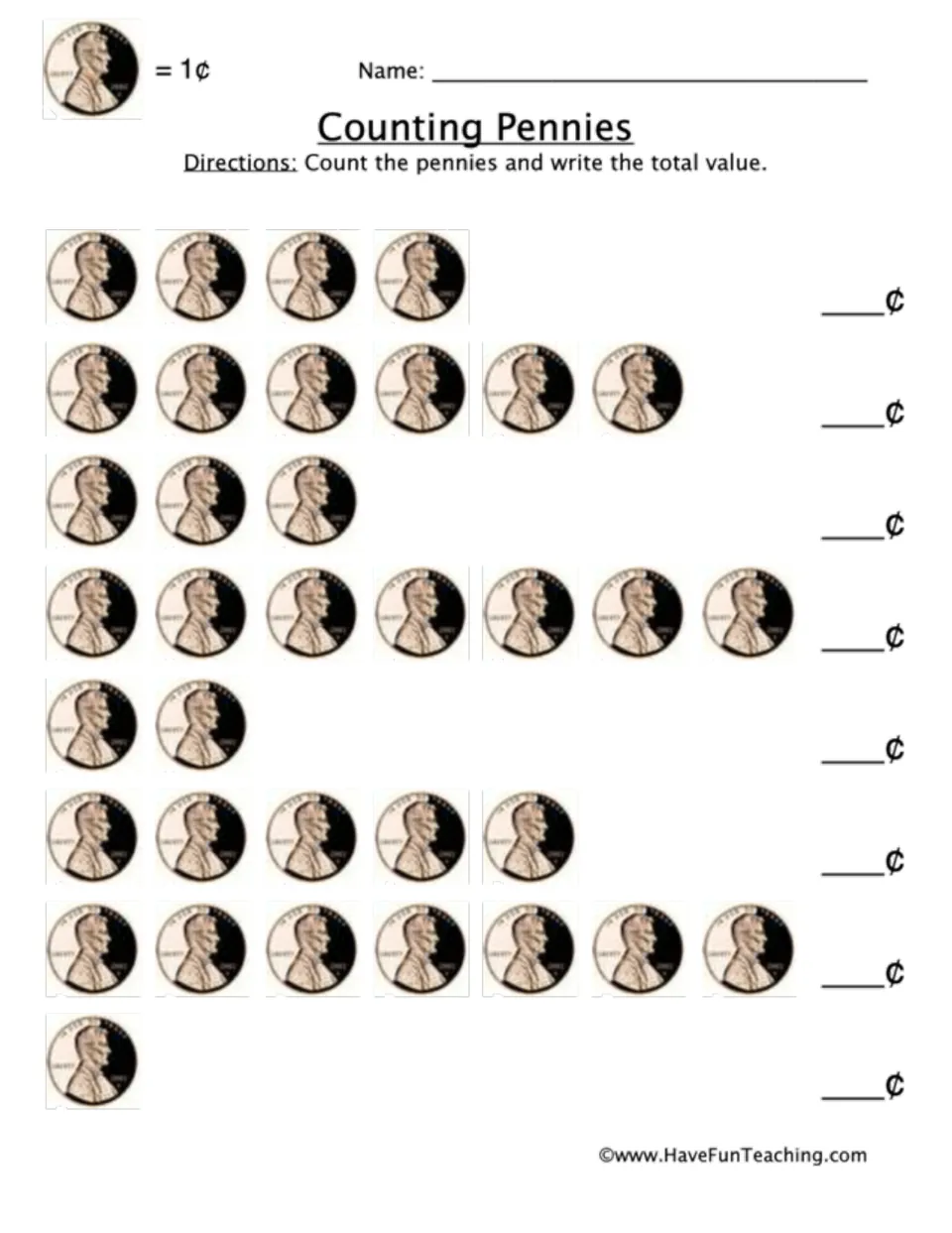 Counting pennies practice sheet: count eight groups of 1 to 7 pennies and write each total value in cents