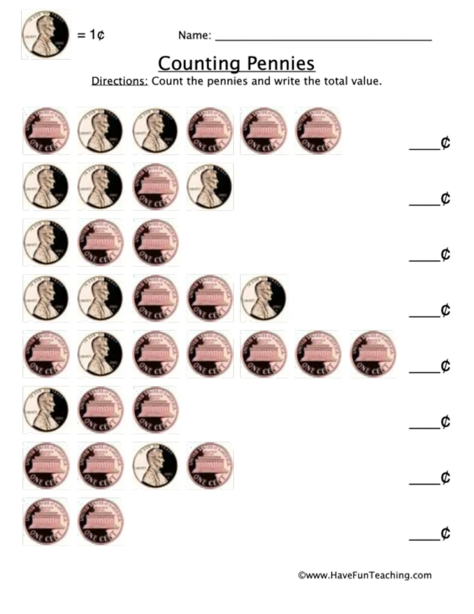 Counting pennies practice sheet: eight groups show coin fronts and backs for students to total in cents