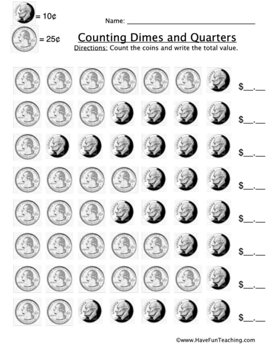 Dime-and-quarter counting practice: eight groups of seven coins each, with totals to write in dollars and cents