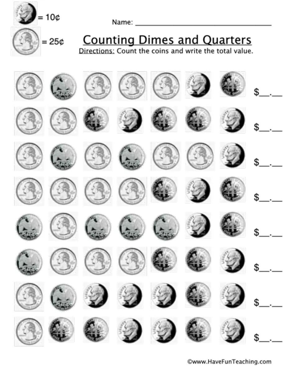 Dime-and-quarter counting practice: eight groups of seven coins show fronts and backs for students to total