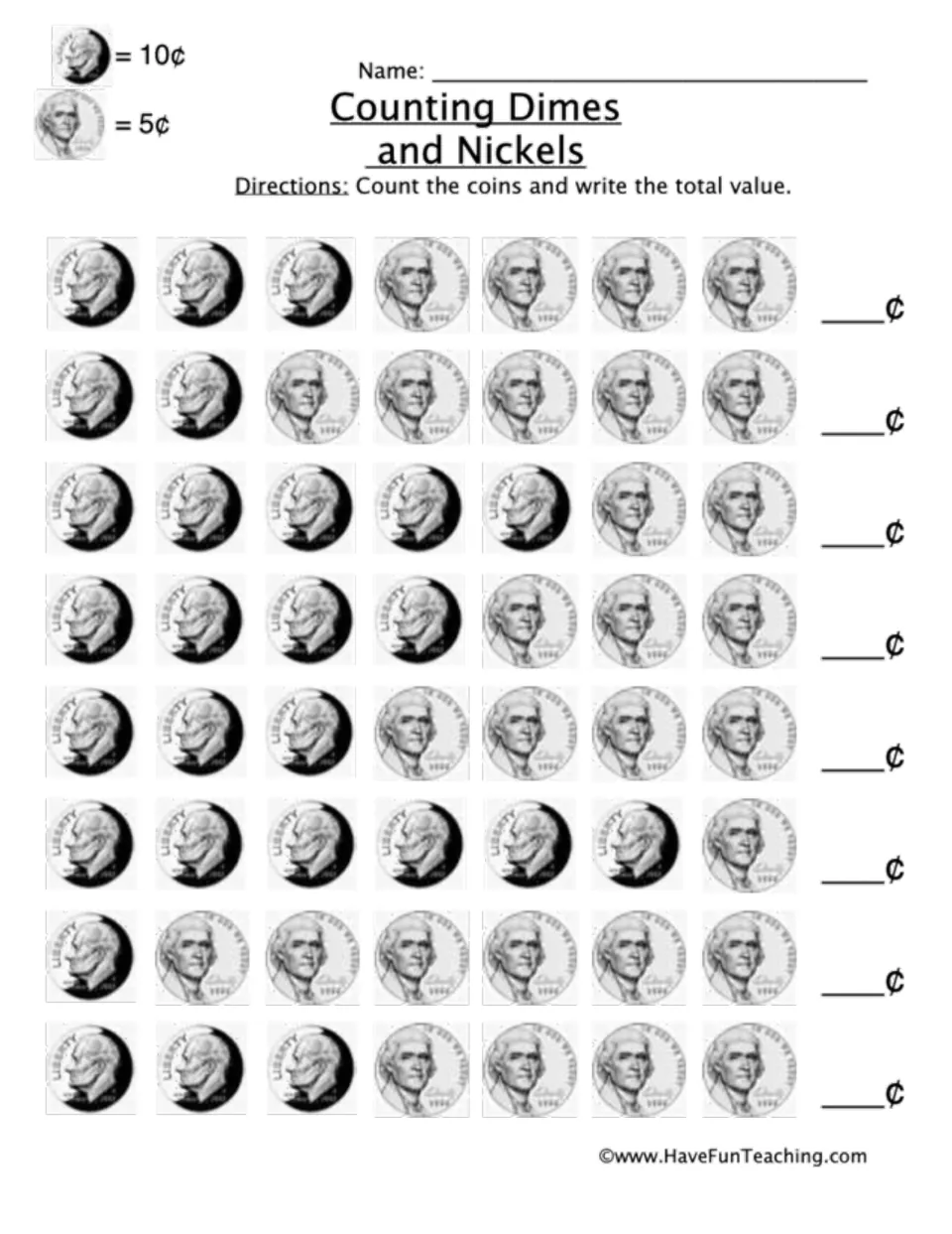 Dime-and-nickel counting practice: find the value in cents of eight groups containing seven coins each