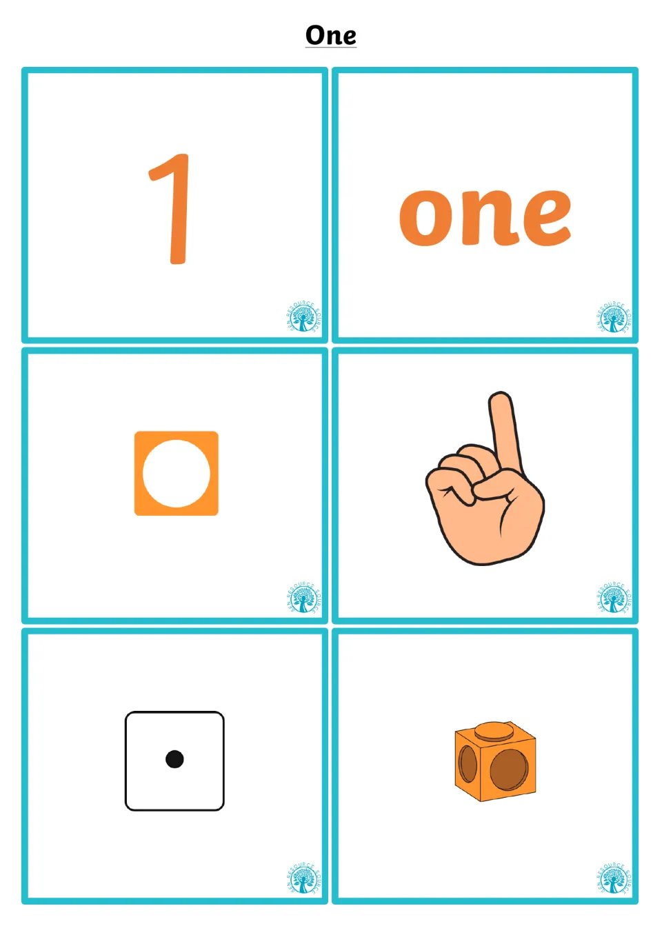 Number 1 matching cards: students match numeral 1 and word one to a one-hole number shape, one finger, a die and a cube