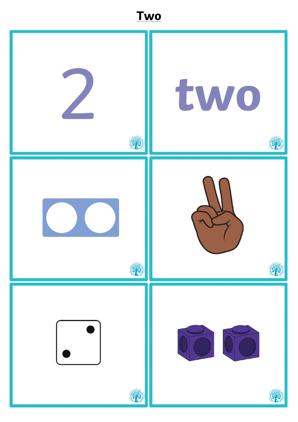 Number 2 matching cards: numeral 2 and word two to pair with a two-hole number shape, two fingers, a 2-dot die and 2 cubes