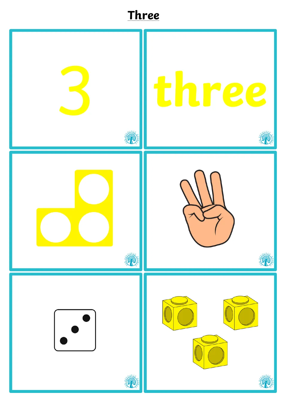 Number 3 quantity cards: students match numeral 3 and word three with a 3-hole shape, three fingers, a 3-dot die and 3 cubes