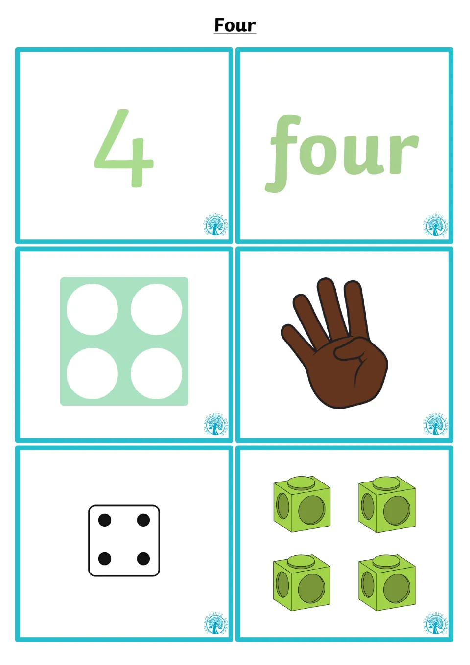 Number 4 cards for matching numeral 4 and the word four to a square 4-hole shape, four fingers, a 4-dot die and four cubes