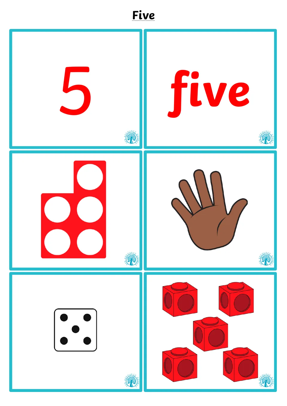 Number 5 matching set: numeral 5 and word five matched to a 5-hole number shape, an open hand, a 5-dot die and five cubes