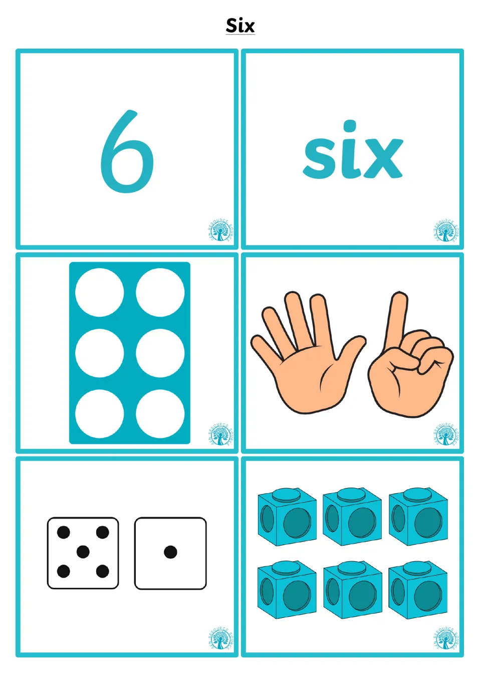 Number 6 cards: students match numeral 6 and word six to a 6-hole shape, five fingers plus one, dice of 5 and 1, and 6 cubes