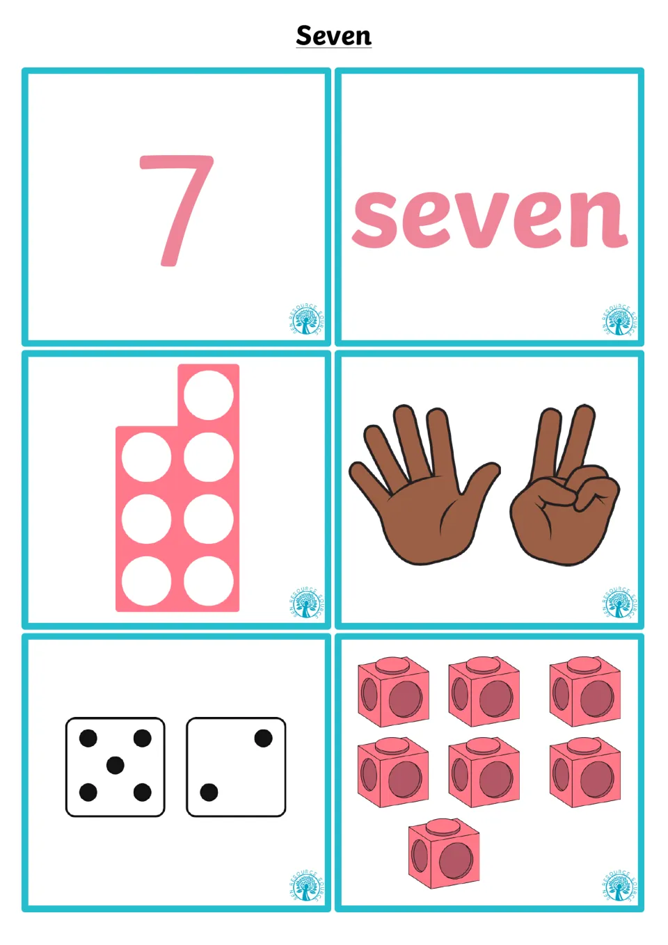 Number 7 matching cards: numeral 7, word seven, a 7-hole shape, five fingers and two, dice showing 5 and 2, and seven cubes