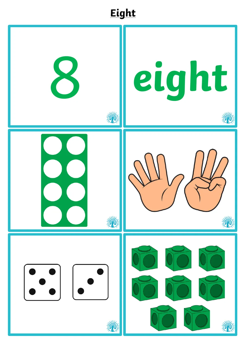 Number 8 cards to match numeral 8 and word eight with an 8-hole shape, five fingers and three, dice of 5 and 3, and 8 cubes