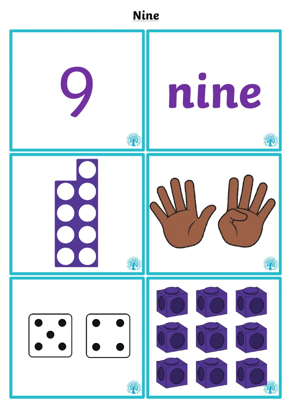 Number 9 quantity matching: numeral 9 and word nine with a 9-hole shape, five fingers and four, dice of 5 and 4, and 9 cubes