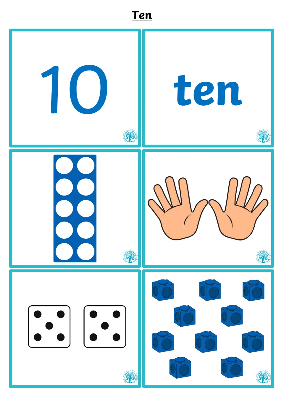 Number 10 cards: students match numeral 10 and word ten to a 10-hole shape, two open hands, two 5-dot dice and ten cubes