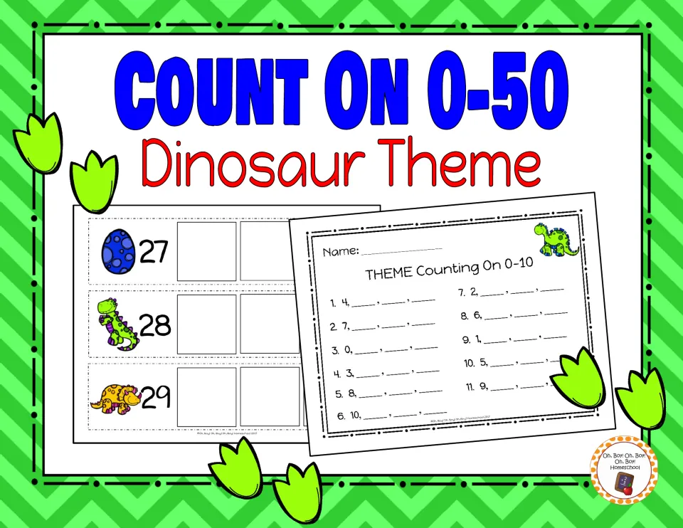 Count On 0-50 Dinosaur Theme cover showing dinosaur number strips for 27 to 29 and a Counting On 0-10 practice sheet