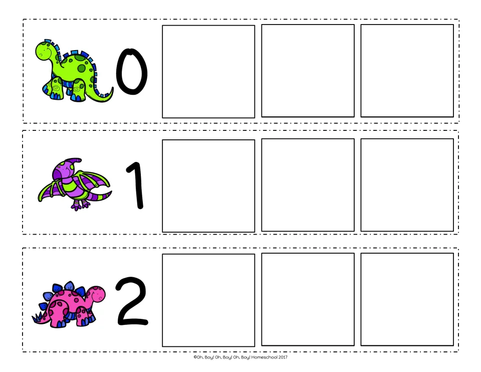 Counting on from 0, 1 and 2: dinosaur strips where students write the next three numbers after each starting number