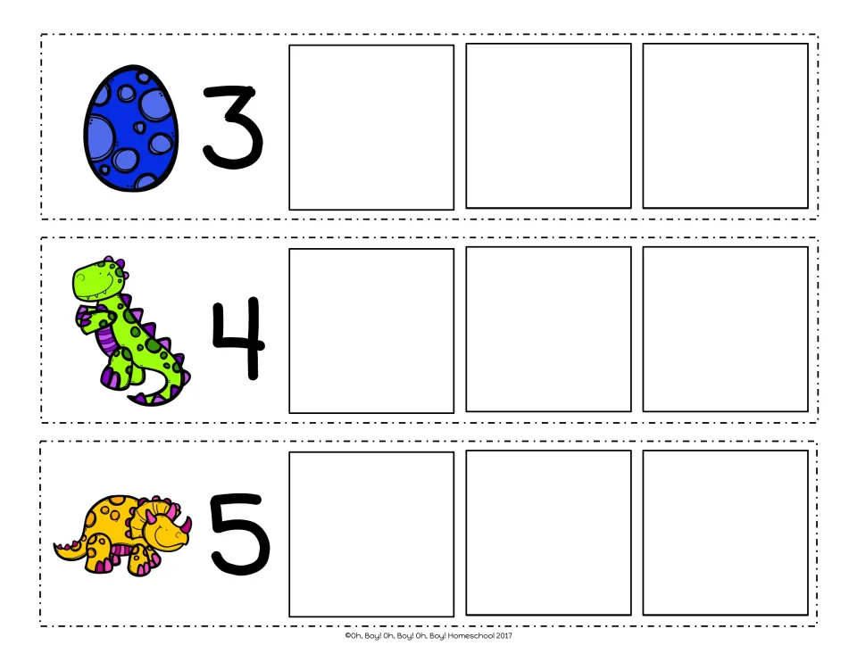 Counting on from 3, 4 and 5: students fill in the three numbers that follow each start number beside an egg or dinosaur
