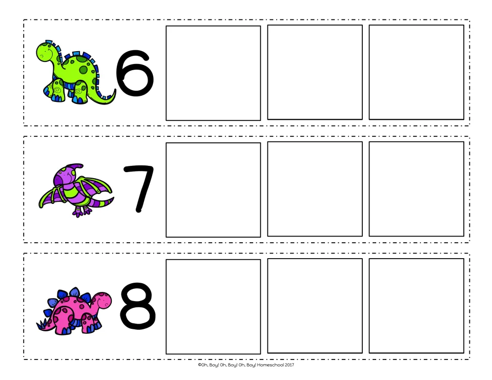 Counting on from 6, 7 and 8: dinosaur number strips for writing the next three numbers in sequence after each one