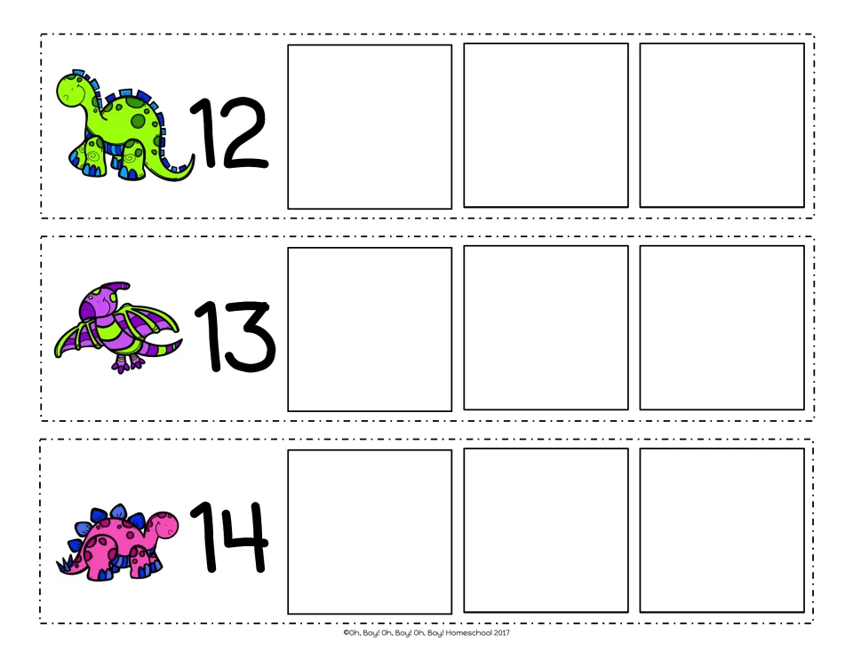 Counting on from 12, 13 and 14: dinosaur strips where students write the three numbers that come next after each teen