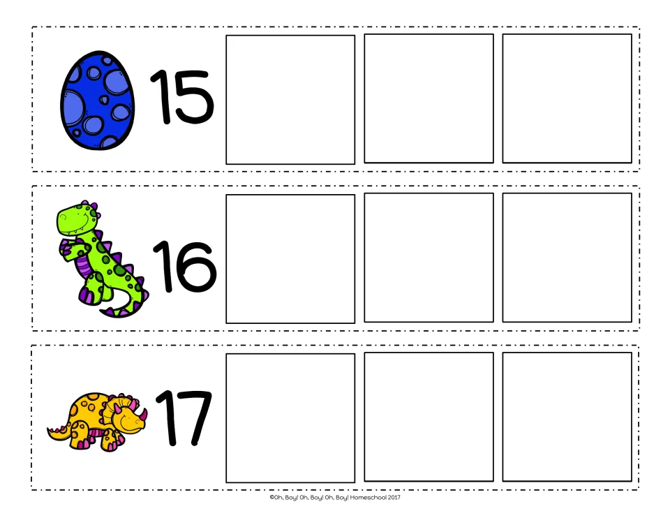 Counting on from 15, 16 and 17: students write the next three numbers after each start number with an egg or dinosaur