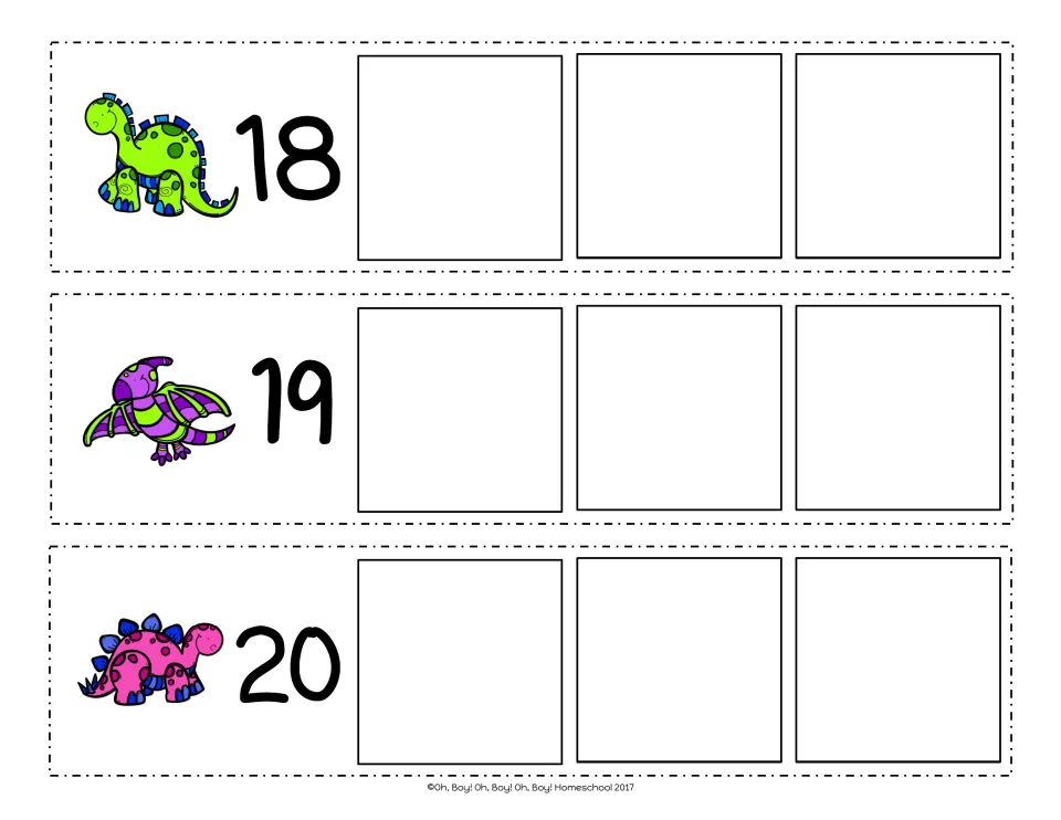 Counting on from 18, 19 and 20: dinosaur number strips for continuing the count past 20 by writing the next three numbers