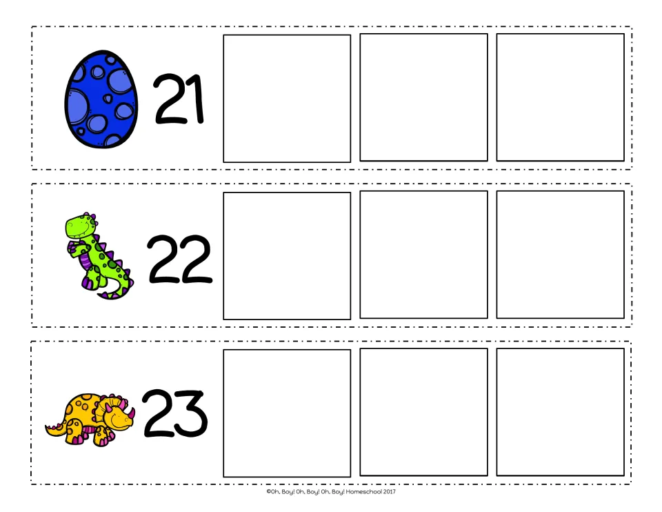 Counting on from 21, 22 and 23: students write the following three numbers for each egg or dinosaur start number