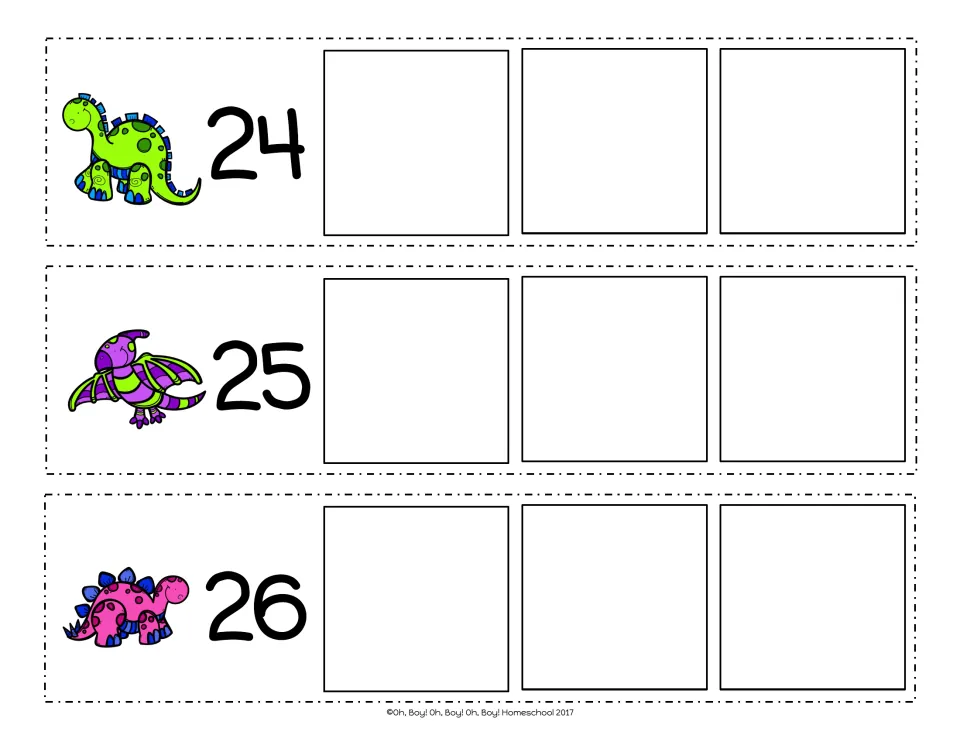 Counting on from 24, 25 and 26: dinosaur strips where students write the three numbers that follow each two-digit start