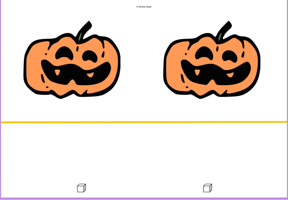 Counting mat for 2: two orange pumpkins and two outlined math cube pictures for one-to-one matching practice