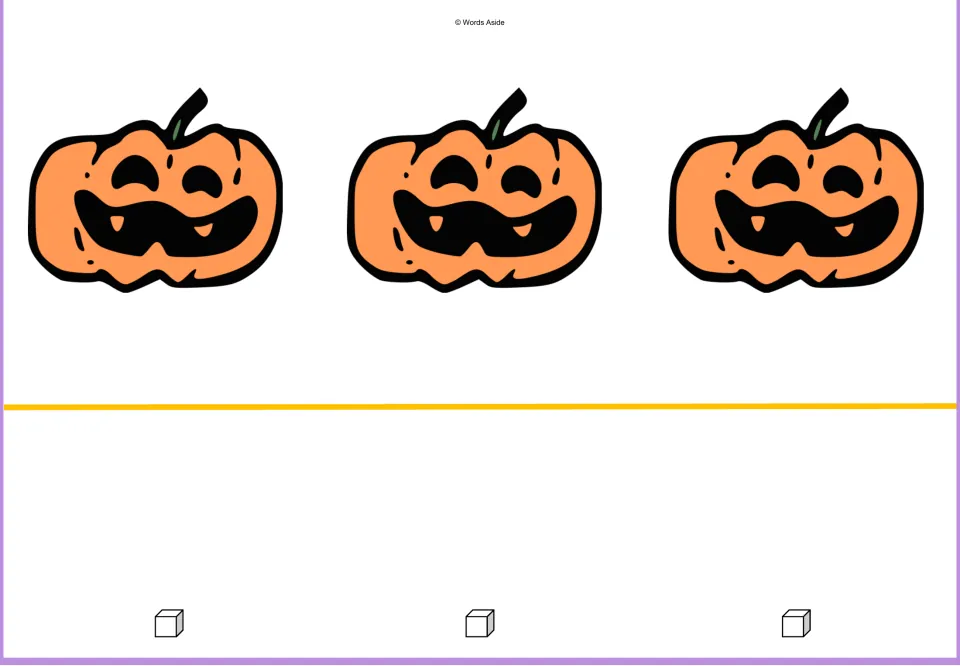Counting mat for 3: three orange pumpkins and three outlined math cube pictures for one-to-one matching practice