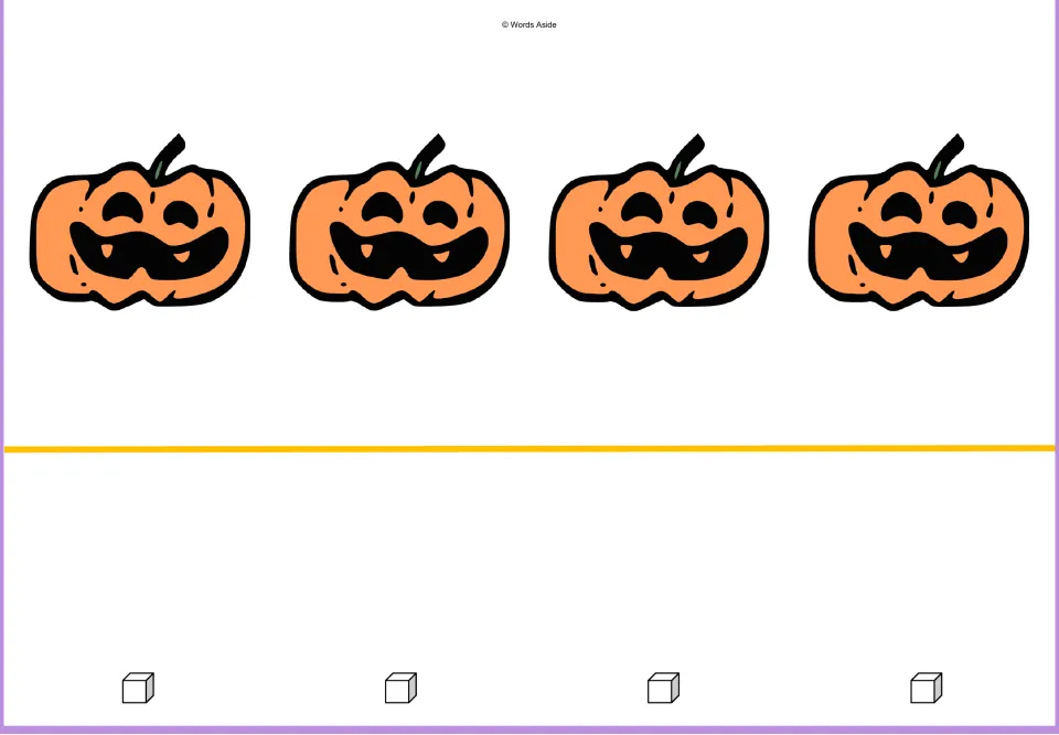Counting mat for 4: four orange pumpkins and four outlined math cube pictures for one-to-one matching practice