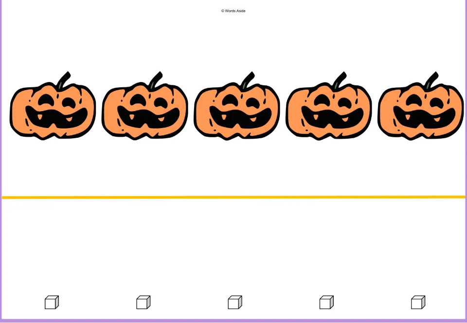 Counting mat for 5: five orange pumpkins and five outlined math cube pictures for one-to-one matching practice