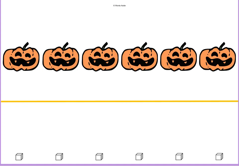 Counting mat for 6: six orange pumpkins and six outlined math cube pictures for one-to-one matching practice