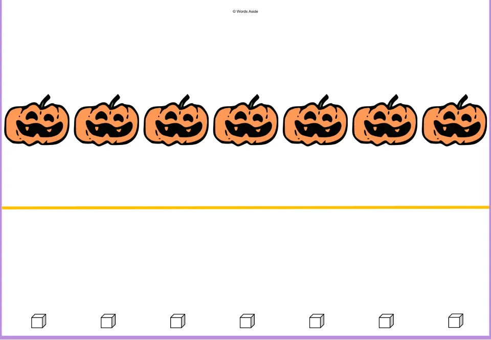 Counting mat for 7: seven orange pumpkins and seven outlined math cube pictures for one-to-one matching practice