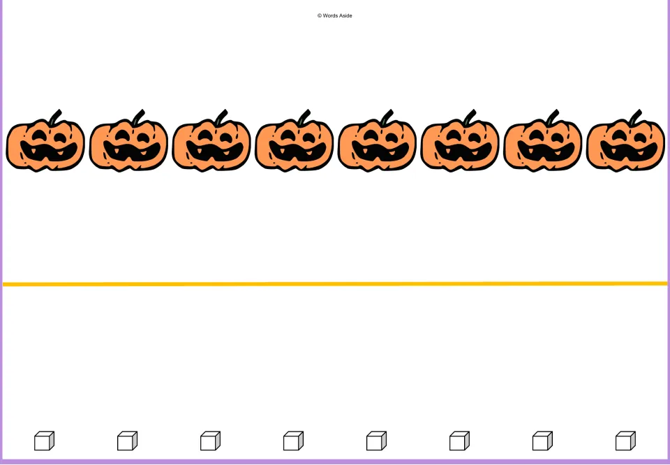Counting mat for 8: eight orange pumpkins and eight outlined math cube pictures for one-to-one matching practice
